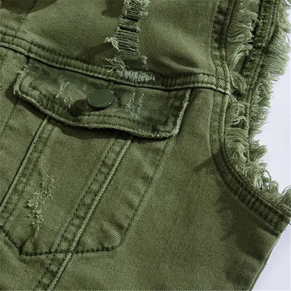 Rugged unisex denim vest featuring distinctive raw edge details, great for an edgy streetwear look.