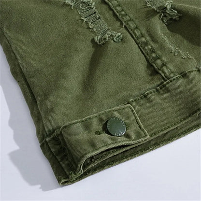 Raw edge denim vest, unisex, rugged design, perfect for adding an edgy touch to any streetwear outfit.