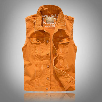 Casual unisex jean vest, rugged with raw edge details, ideal for streetwear and urban fashion.