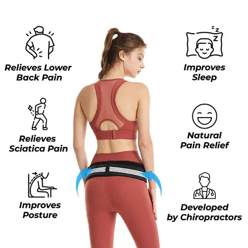 Posture correcting belt for lower back, reduces sciatica and promotes spinal alignment.