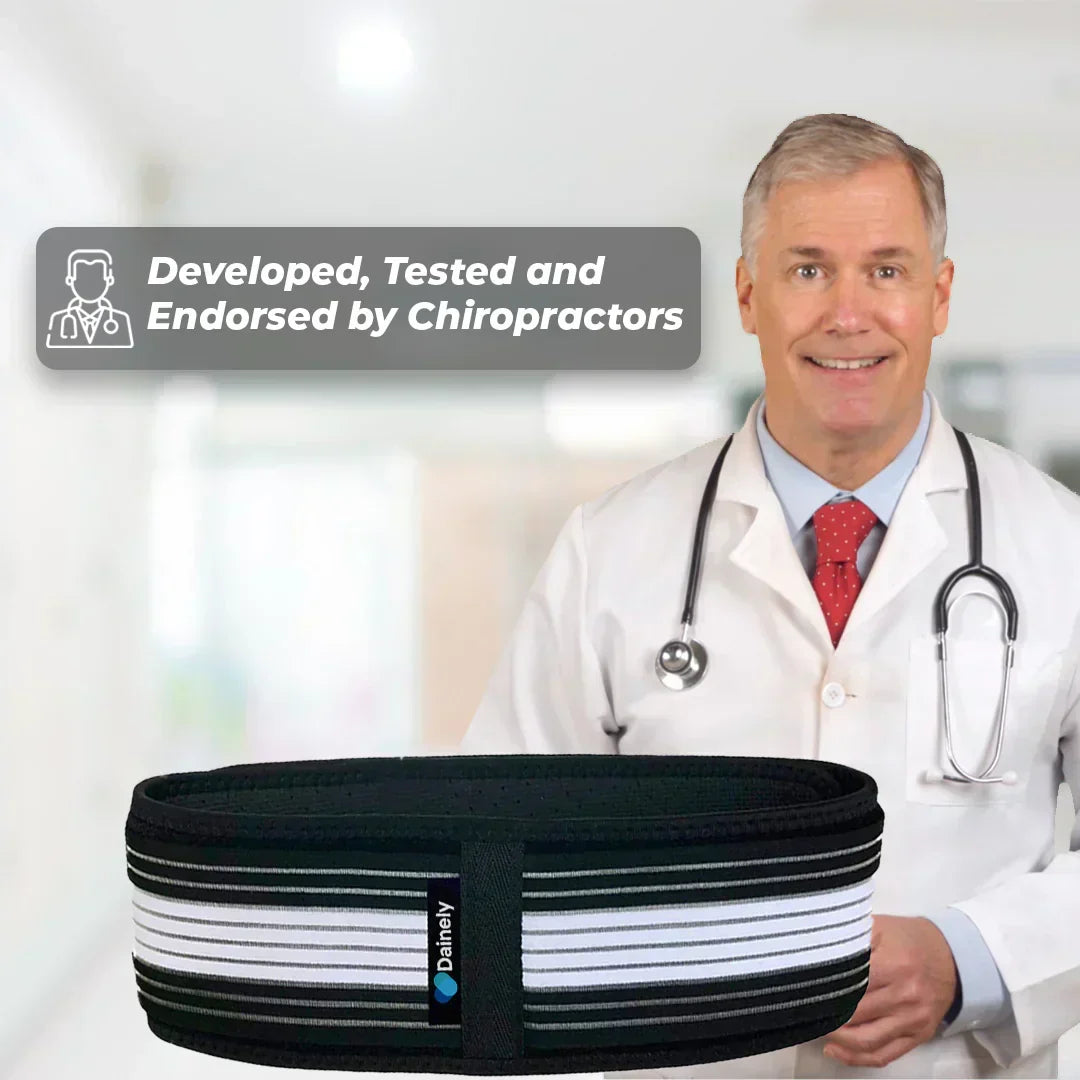 Posture support brace for lower back and hip, eases sciatica and SI joint discomfort.