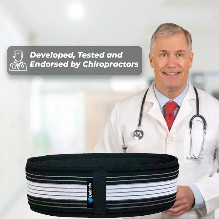 Posture support brace for lower back and hip, eases sciatica and SI joint discomfort.