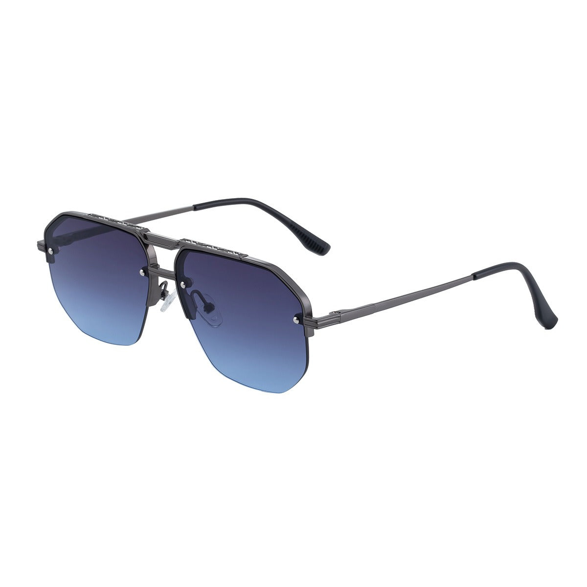 Close-up of modern sculpted frame sunglasses. Detail of minimalist unisex eyewear & quality finish.
