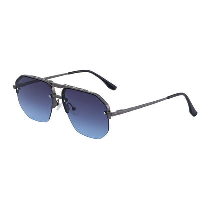 Close-up of modern sculpted frame sunglasses. Detail of minimalist unisex eyewear & quality finish.