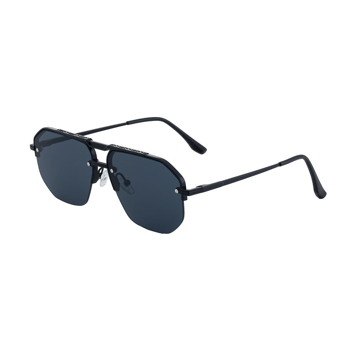 Unisex model wearing sculpted frame sunglasses. Chic, modern style with crucial UV400 eye protection.