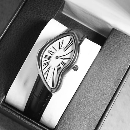 Unisex sculptural asymmetric watch with an elegant leather strap and unique dial design, perfect fashion accessory.