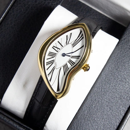 Close-up of a modern asymmetric timepiece featuring a bold sculptural design and a premium leather strap.