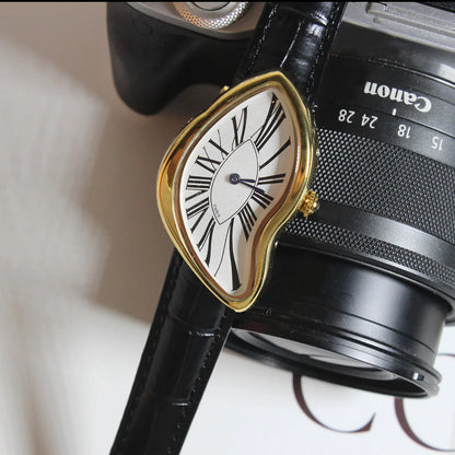 Stylish unisex watch for men & women, showcasing an asymmetric sculptural design with a classic leather strap.
