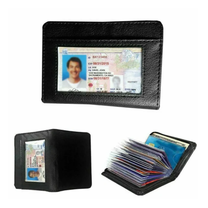 Compact leather RFID blocking wallet for everyday use & travel. Securely holds credit cards, ID, and cash.