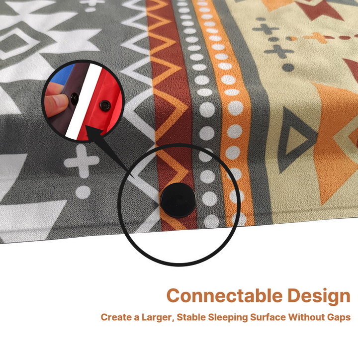 Compact rolled-up self-inflating sleeping pad next to a backpack, essential hiking and camping gear.