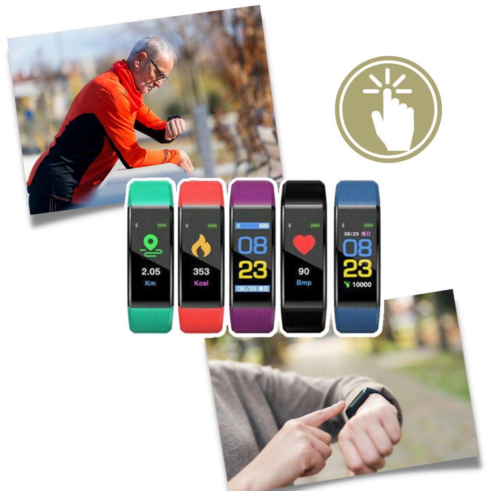 Elderly-friendly digital watch, a fitness tracker with blood pressure & heart rate monitor.