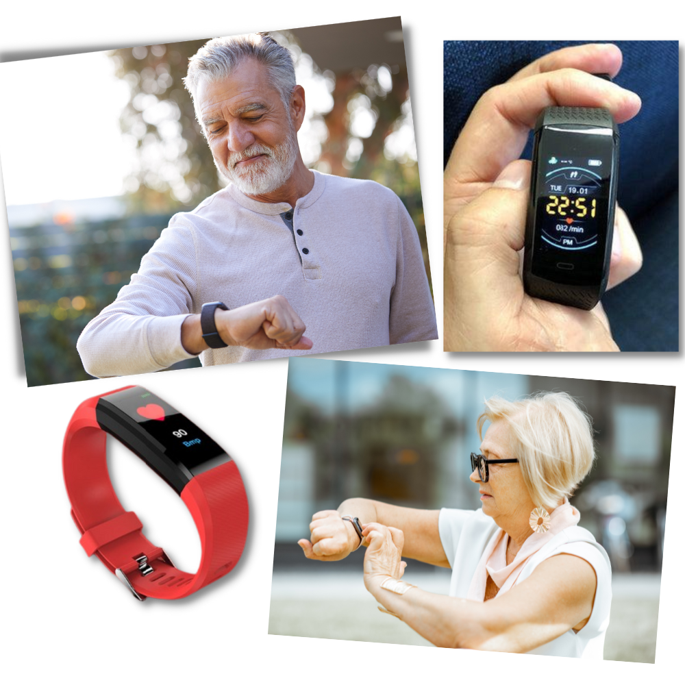 Smartwatch designed for seniors, featuring heart rate, blood pressure, and activity tracking.