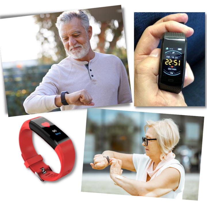 Smartwatch designed for seniors, featuring heart rate, blood pressure, and activity tracking.