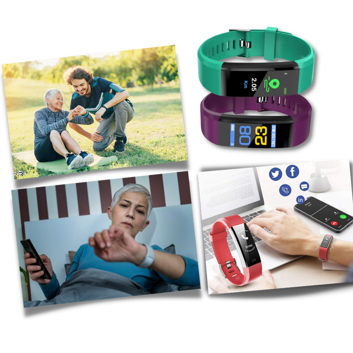 Health monitoring smartwatch for seniors, offering heart rate, blood pressure, and sleep tracking.