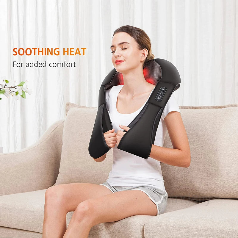 Deep tissue Shiatsu electric massager for neck, shoulders, and back. Provides heat therapy for pain & stress relief.