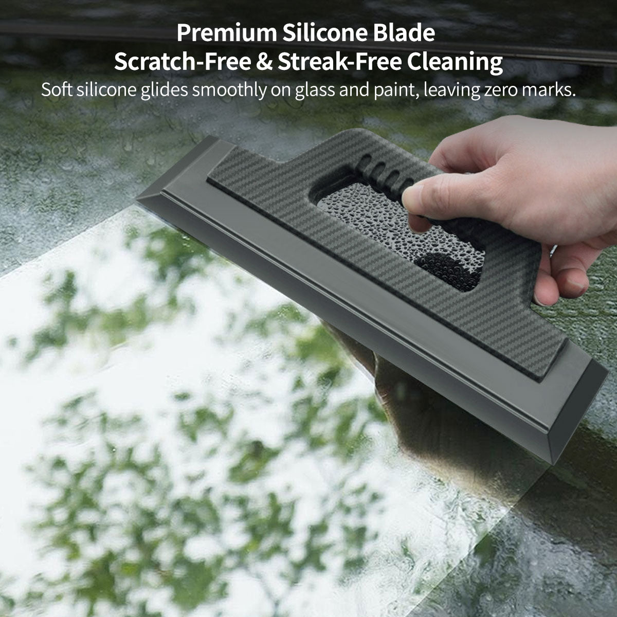 Ergonomic silicone squeegee for streak-free car window wiping and efficient home glass cleaning.
