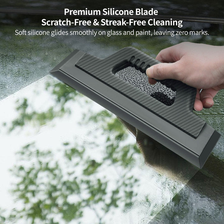 Ergonomic silicone squeegee for streak-free car window wiping and efficient home glass cleaning.