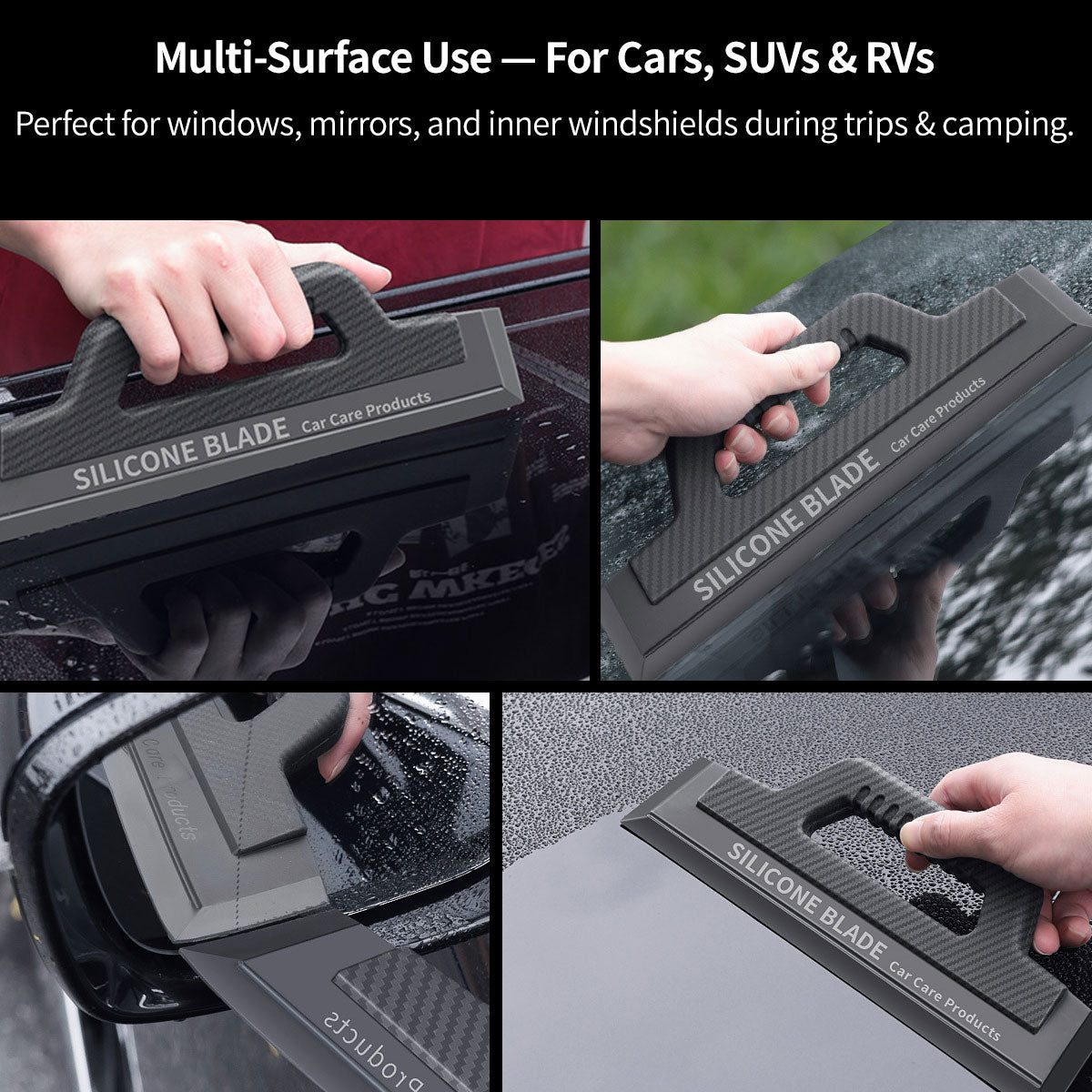 Handheld silicone car window squeegee, ideal for streak-free glass cleaning and vehicle accessory.