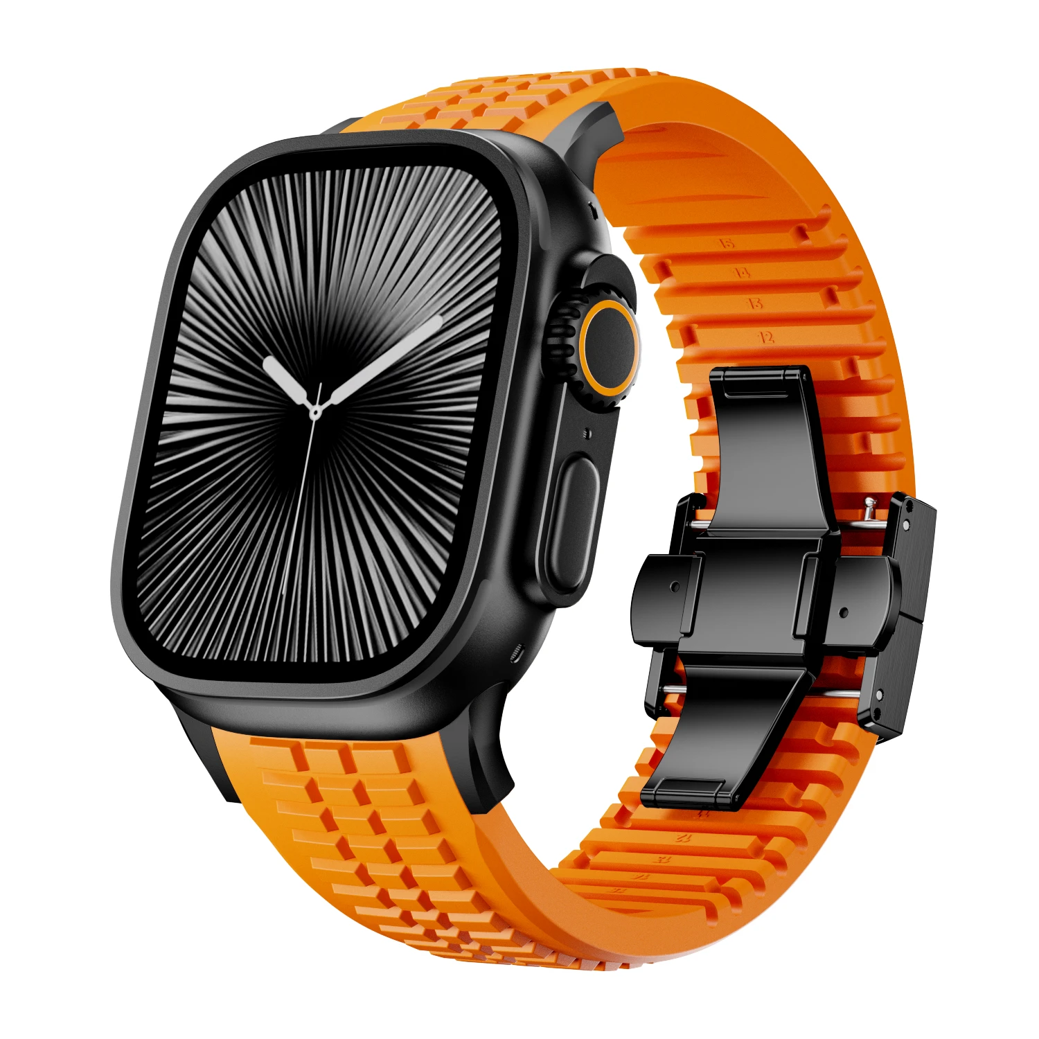 Black silicone smartwatch band, durable, stylish, and easy to replace.