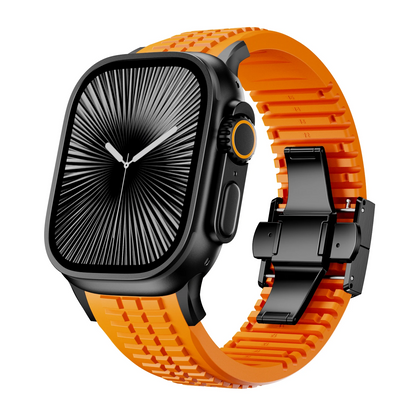 Black silicone smartwatch band, durable, stylish, and easy to replace.