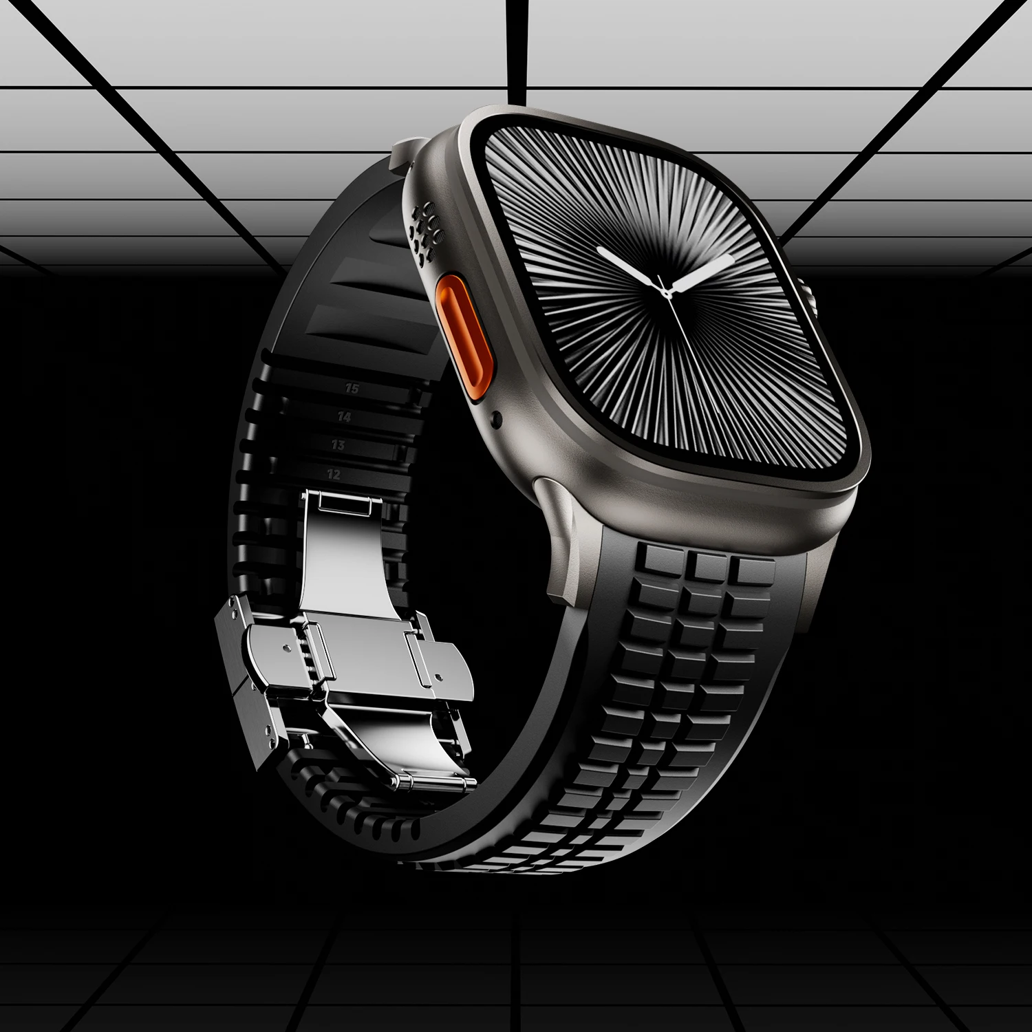 Smartwatch accessory: durable black silicone band with onyx buckle.