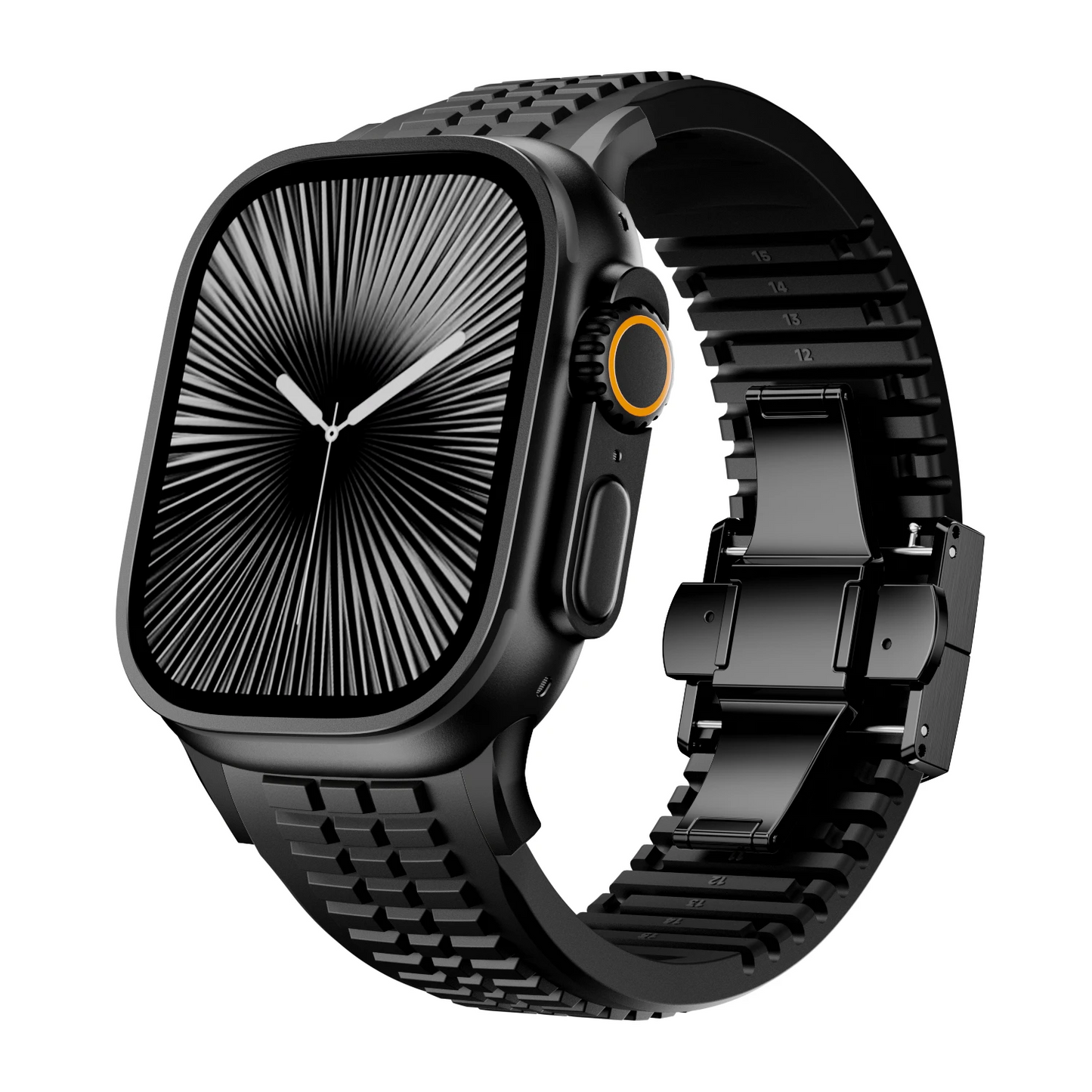 Stylish hypoallergenic silicone watch strap, black, with titanium buckle.