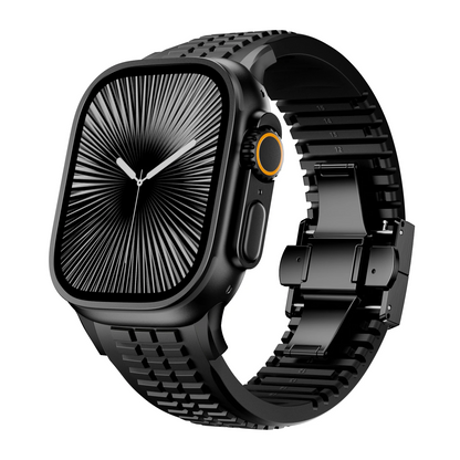 Stylish hypoallergenic silicone watch strap, black, with titanium buckle.