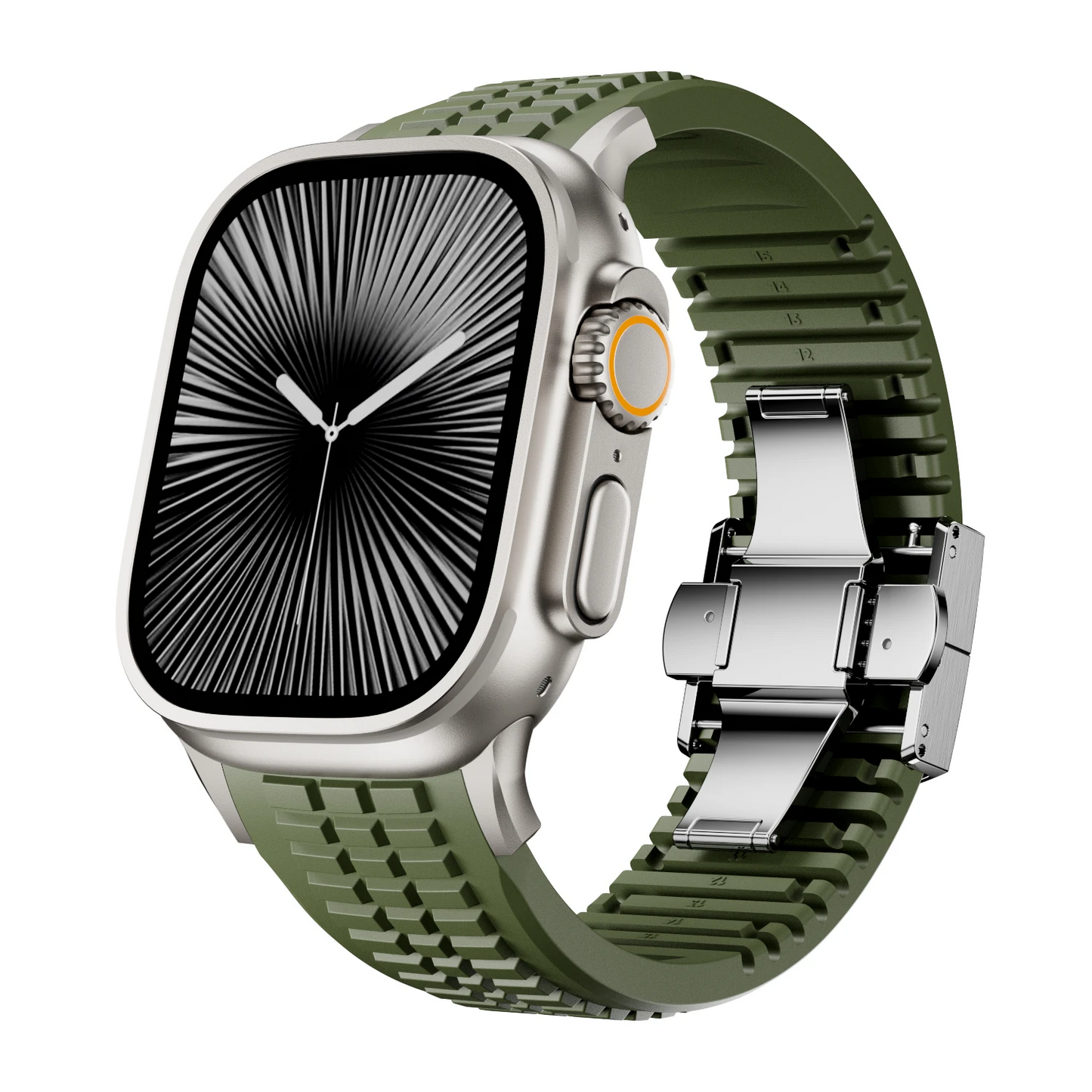 Hypoallergenic silicone smartwatch band, comfortable fit, black finish.