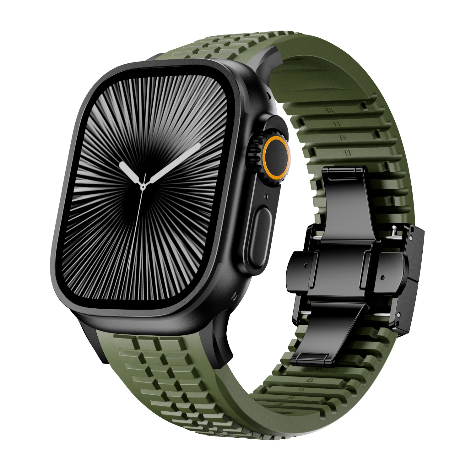 Stylish black silicone watch band, quick-release design, for smartwatches.
