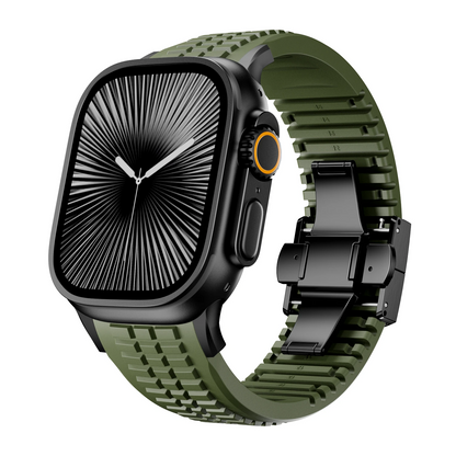 Stylish black silicone watch band, quick-release design, for smartwatches.