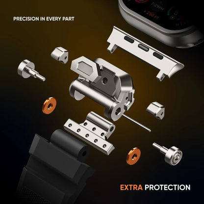 Smartwatch strap, unisex silicone, with strong mecha lugs & titanium buckle for secure fit.