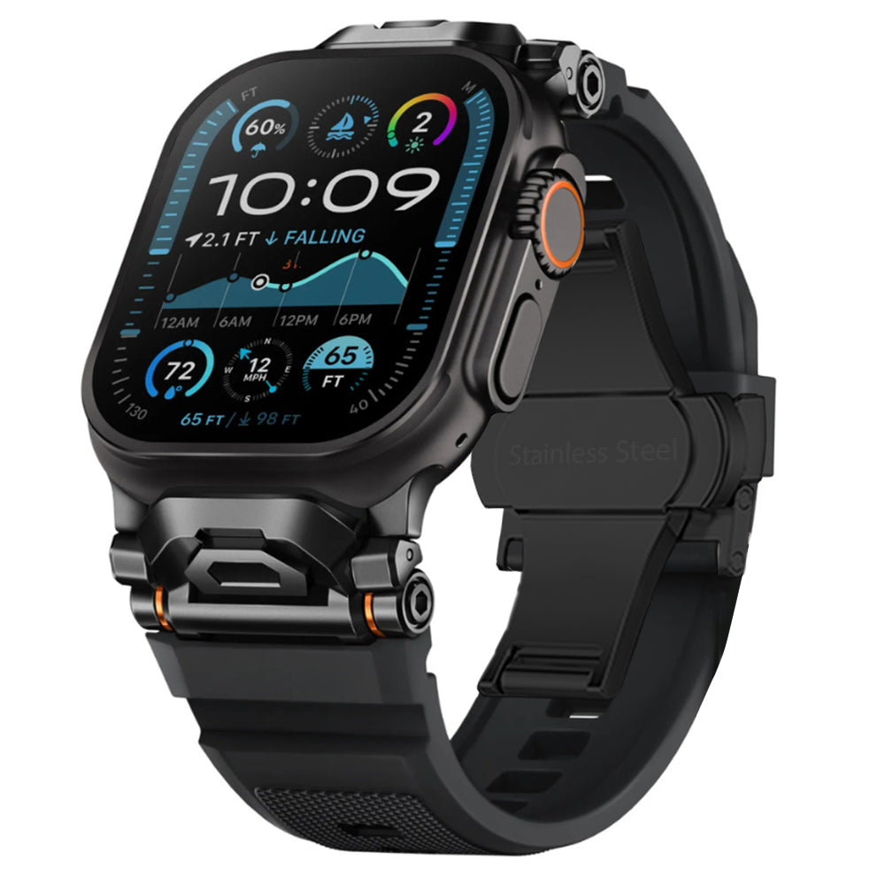 Black silicone smartwatch band, unisex, with durable mecha lugs & titanium buckle.