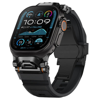 Black silicone smartwatch band, unisex, with durable mecha lugs & titanium buckle.