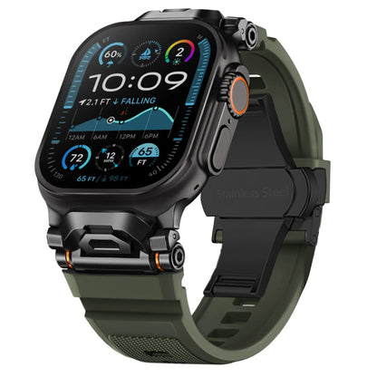 Close-up of a comfortable unisex silicone smartwatch strap with quick-release mecha lugs.