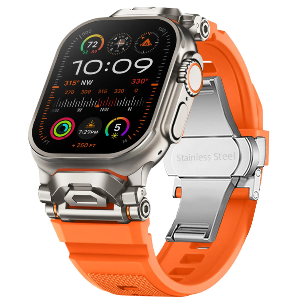 Durable silicone smartwatch strap, unisex, with mecha lugs & smooth texture.