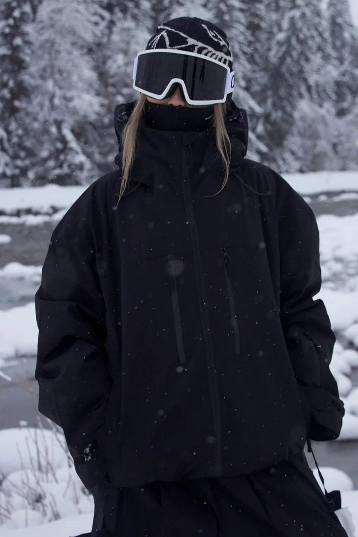 Back view of a unisex weatherproof ski & snowboard jacket, showcasing adjustable features for winter sports.