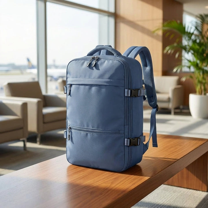 Unisex SkyGuardBag carry-on travel backpack, water-resistant with TSA-friendly laptop compartment.