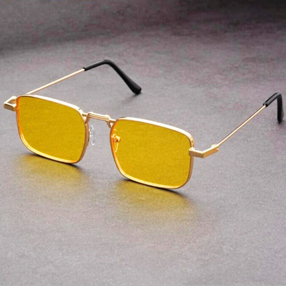 Lightweight unisex rectangular sunglasses with a sleek metal frame and trendy color lenses for a statement look.