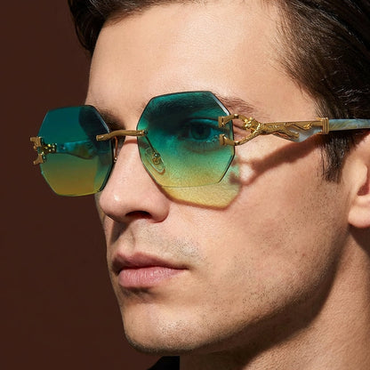 Unisex sleek rimless polygonal sunglasses with UV400 protection and gradient lenses.