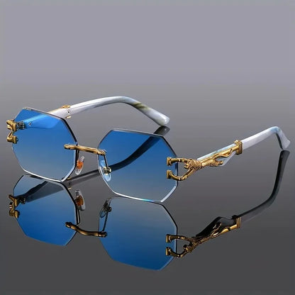 Sleek unisex rimless polygonal sunglasses, a trendy fashion accessory with UV400 lenses.