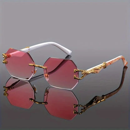 Leopard print rimless polygonal sunglasses, stylish and protective with UV400 lenses.