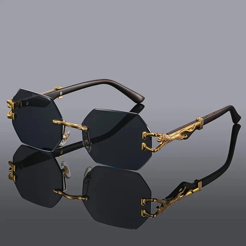 Unisex UV400 rimless sunglasses, polygonal design, gradient lenses for fashion & protection.