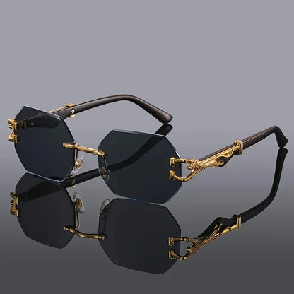 Unisex UV400 rimless sunglasses, polygonal design, gradient lenses for fashion & protection.