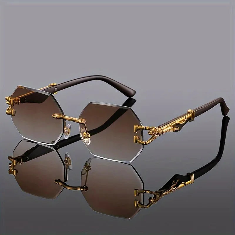 Elegant rimless polygonal sunglasses, sleek style, UV400 eye protection, unisex accessory.