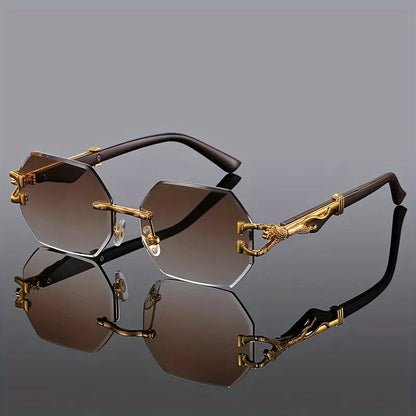 Elegant rimless polygonal sunglasses, sleek style, UV400 eye protection, unisex accessory.