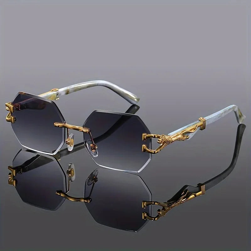 Fashion-forward rimless polygonal sunglasses, leopard detail, UV400 protection.