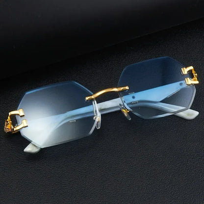 Stylish unisex rimless sunglasses, polygonal design, UV400, perfect eye protection accessory.