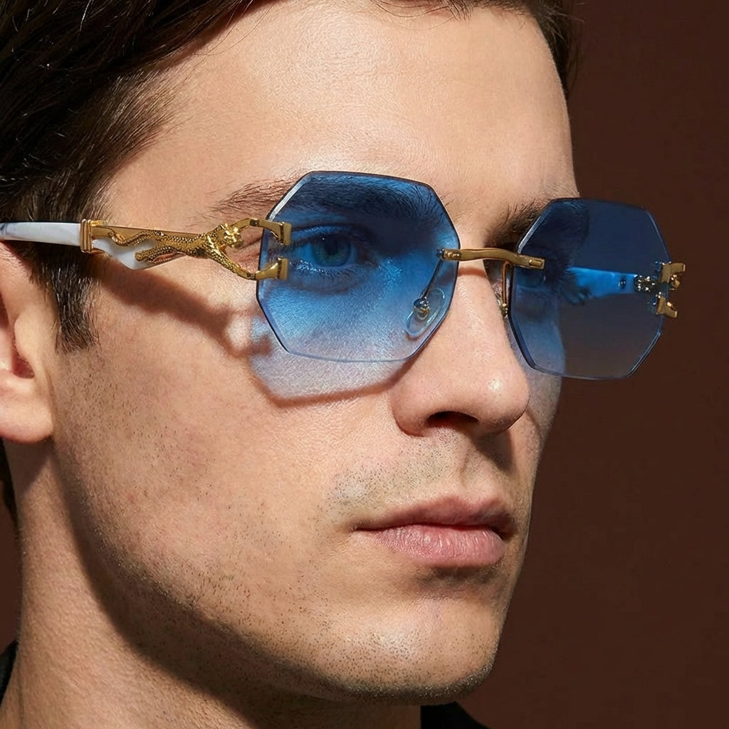 Leopard print rimless polygonal sunglasses, UV400 protection, a chic fashion accessory.