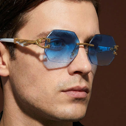 Leopard print rimless polygonal sunglasses, UV400 protection, a chic fashion accessory.