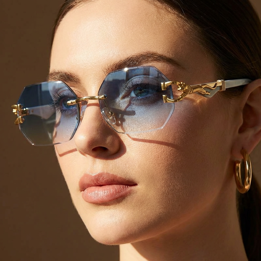 Sleek unisex rimless sunglasses with gradient lenses, offering UV400 eye protection.